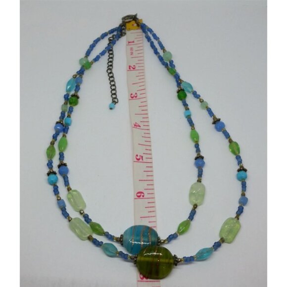 Vintage VJ Green-Blue Art Glass Necklace Double Layer Boho Festival Summer - Picture 3 of 3
